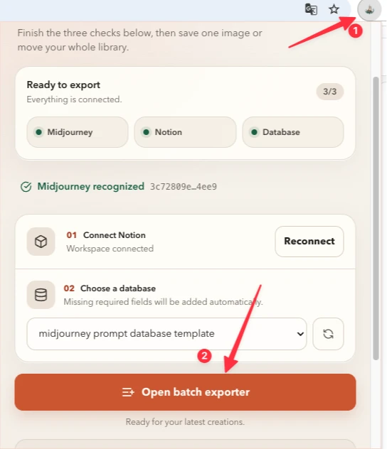 Extension popup showing Midjourney recognized, Notion connected, a database selected, and the Open batch exporter button