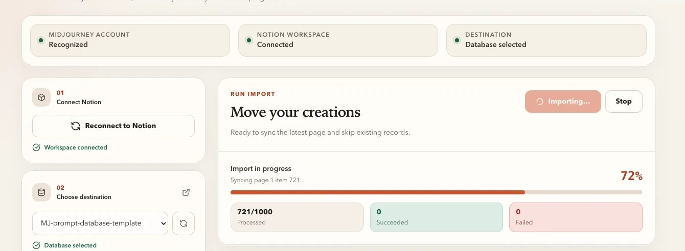 Batch export at 72 percent with processed, succeeded, and failed counts