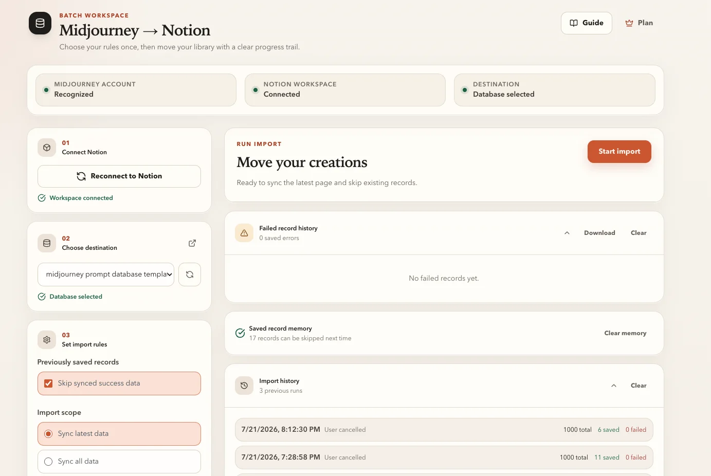 Midjourney to Notion batch export workspace with database, import rules, history, and saved record memory