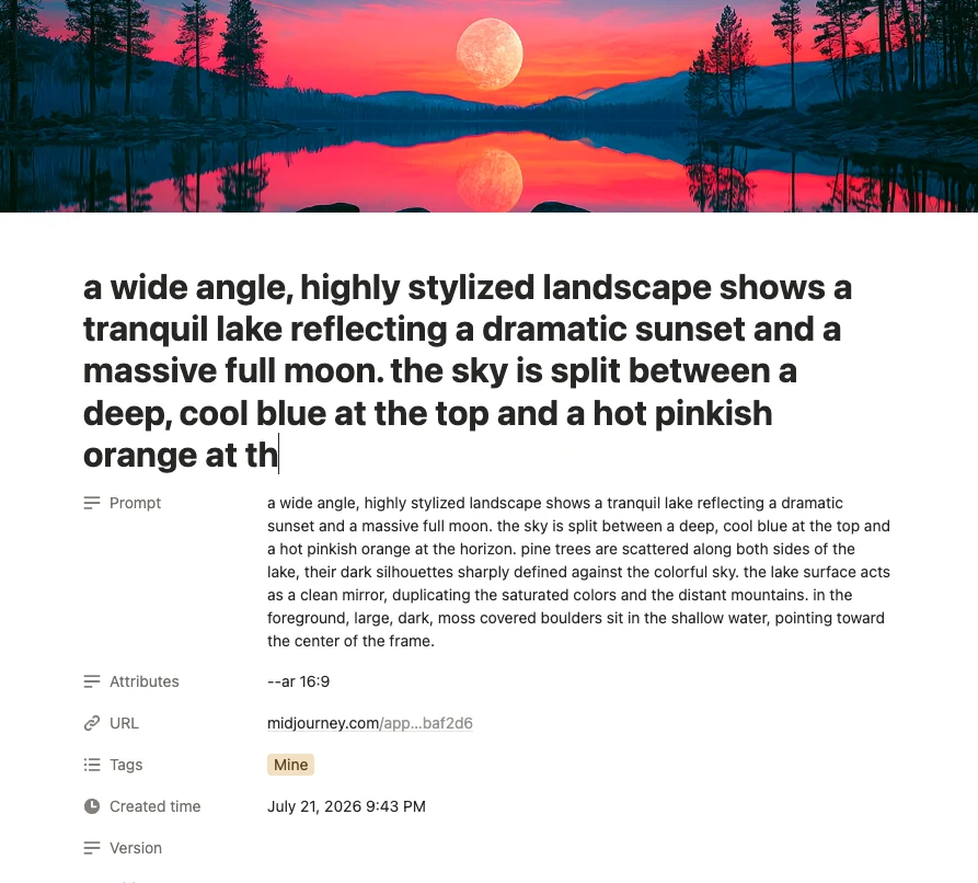 An exported Midjourney image opened as a structured Notion record with prompt and metadata
