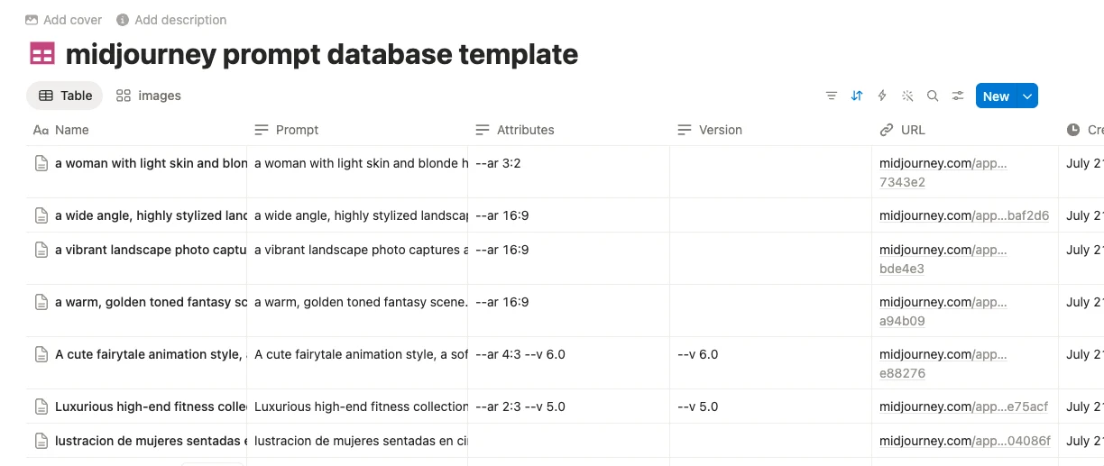 Notion database table with Prompt, Attributes, Version, URL, and creation metadata fields